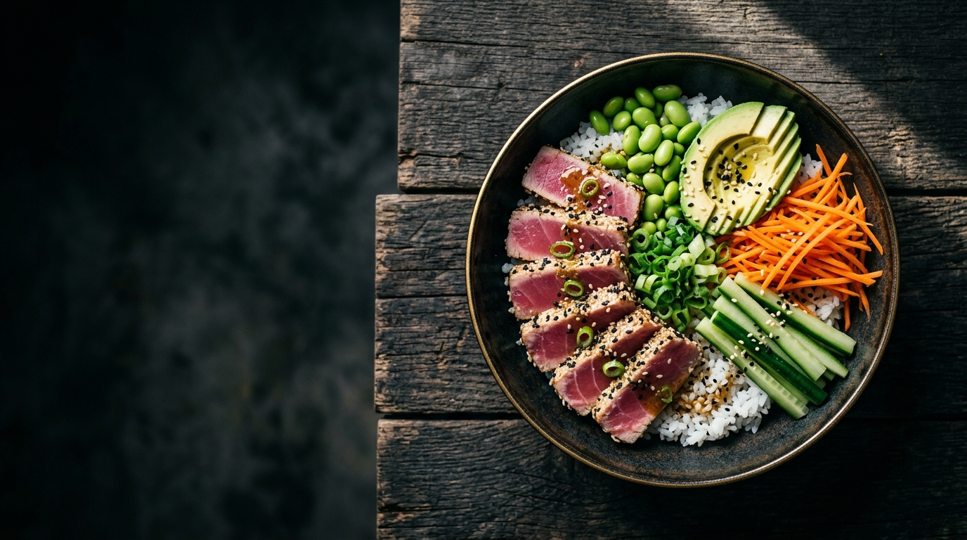 Bowl de atún sellado con arroz y edamame post-entreno