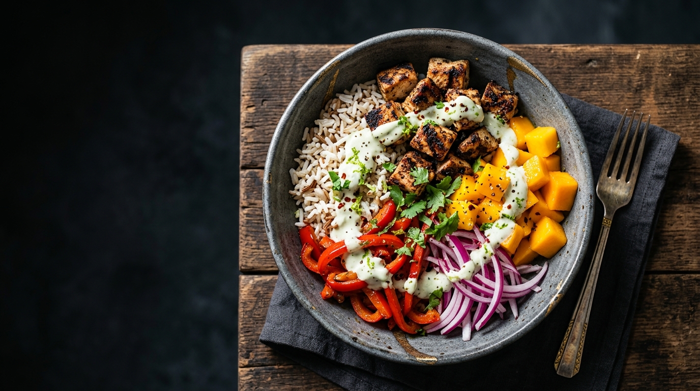 Bowl de pollo, arroz y mango para recuperar tras entrenar