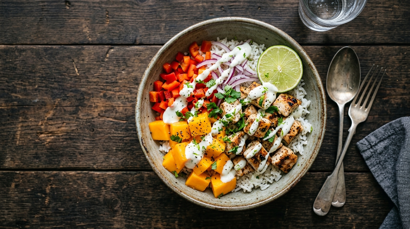 Bowl de pollo, mango y arroz basmati para el post-entreno