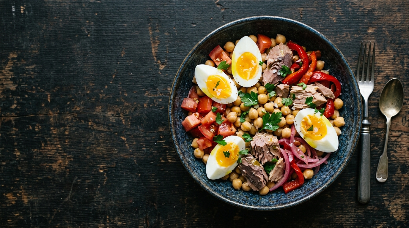 Ensalada templada de garbanzos, atún y huevo en 15 minutos