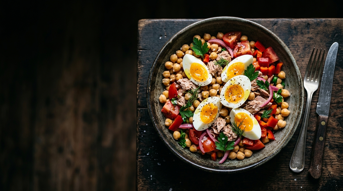 Ensalada templada de garbanzos, atún y huevo en 15 minutos