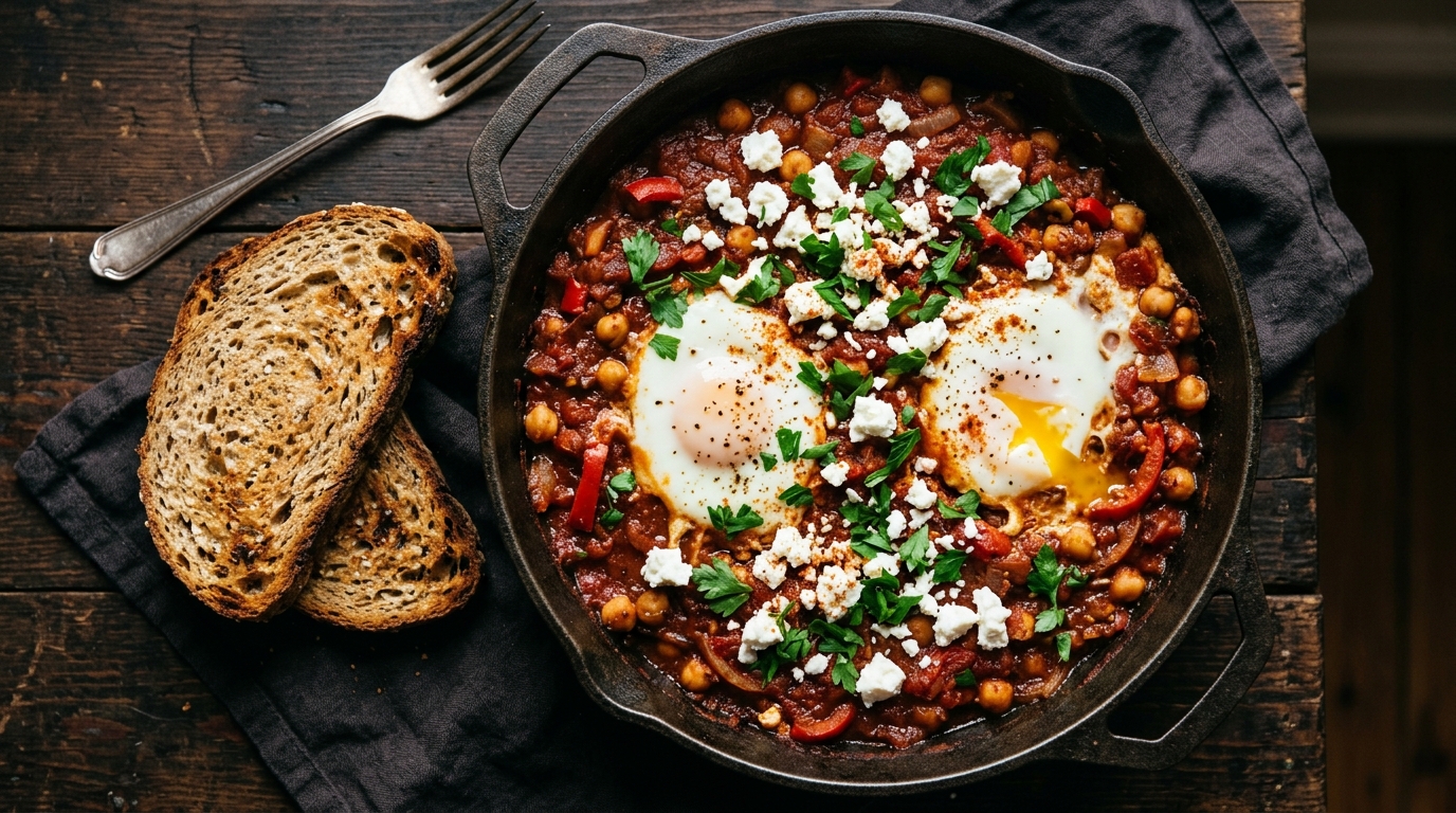 Huevos con garbanzos y feta: receta rica en proteína