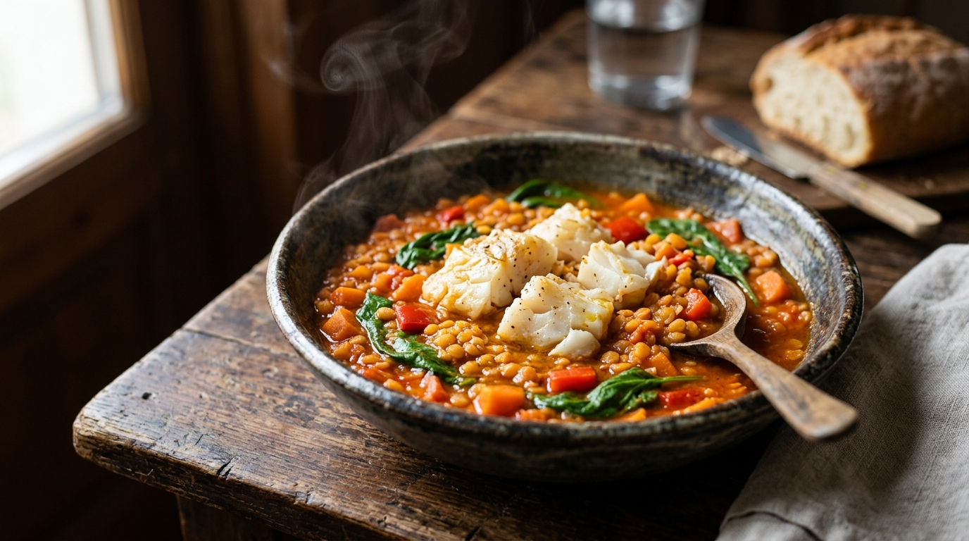 Lentejas con bacalao, receta alta en proteína y fibra
