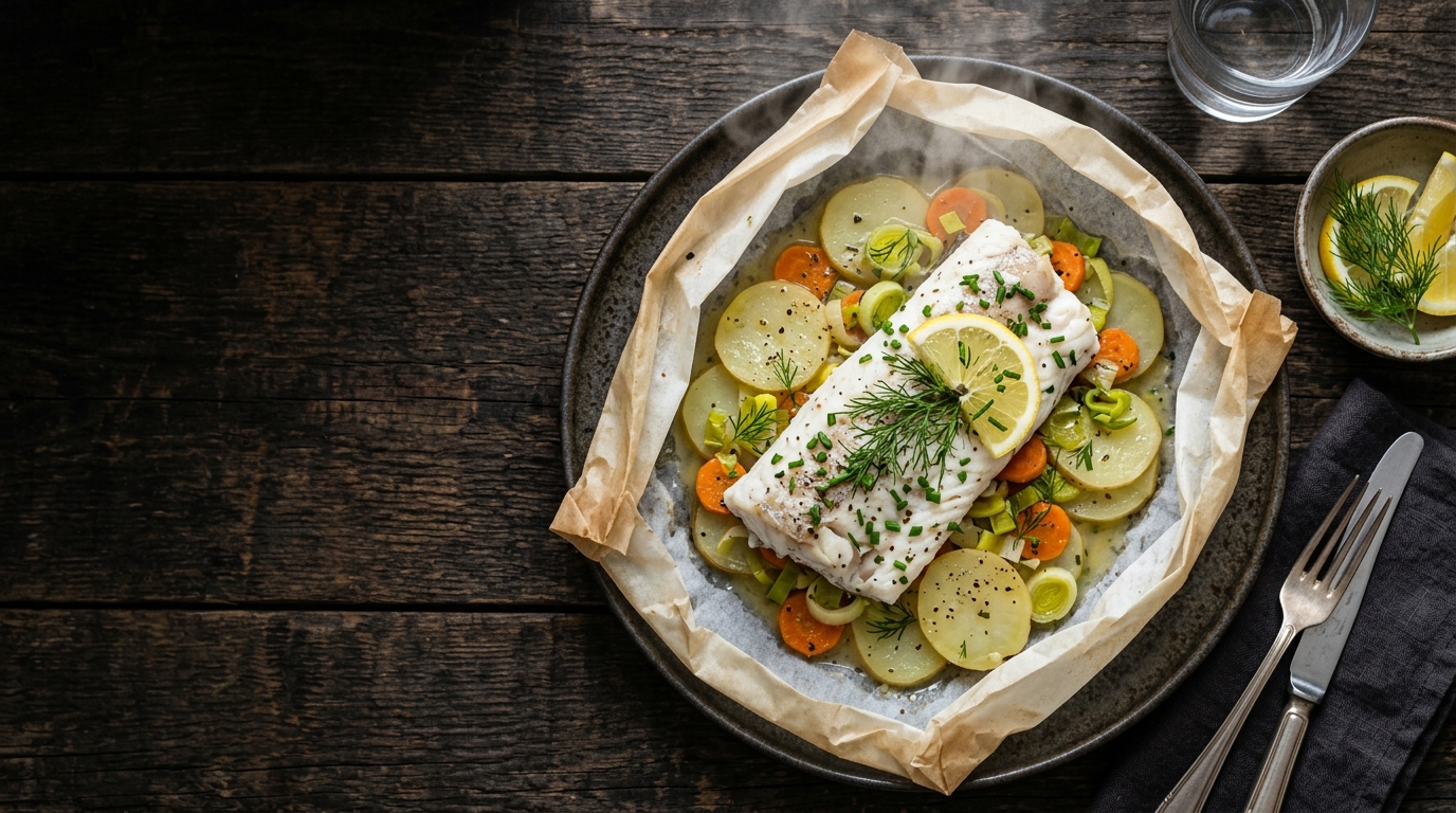 Merluza en papillote con patata y zanahoria
