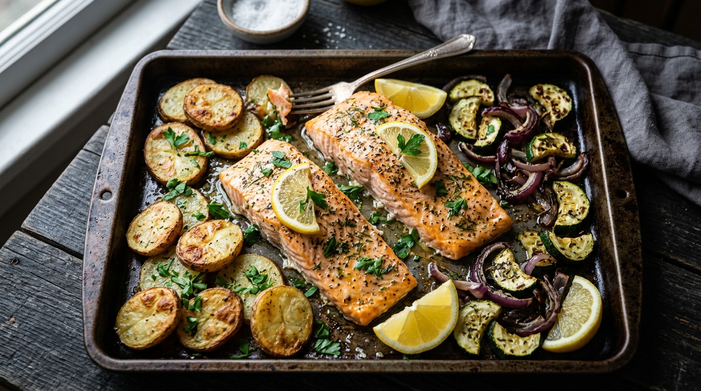 Salmón al horno con patata y calabacín: cena de recuperación