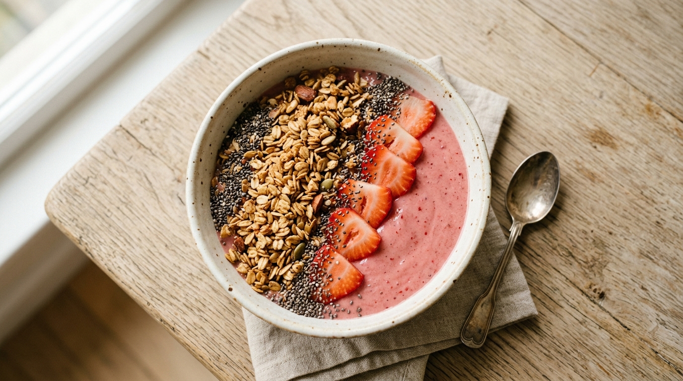 Smoothie bowl proteico de plátano y fresa para el post-entreno