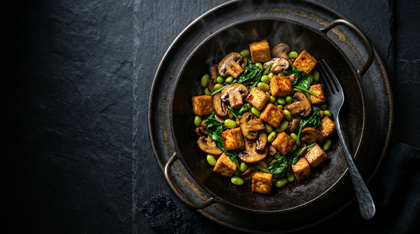 Tofu y edamame salteado: cena vegetal con 37 g de proteína