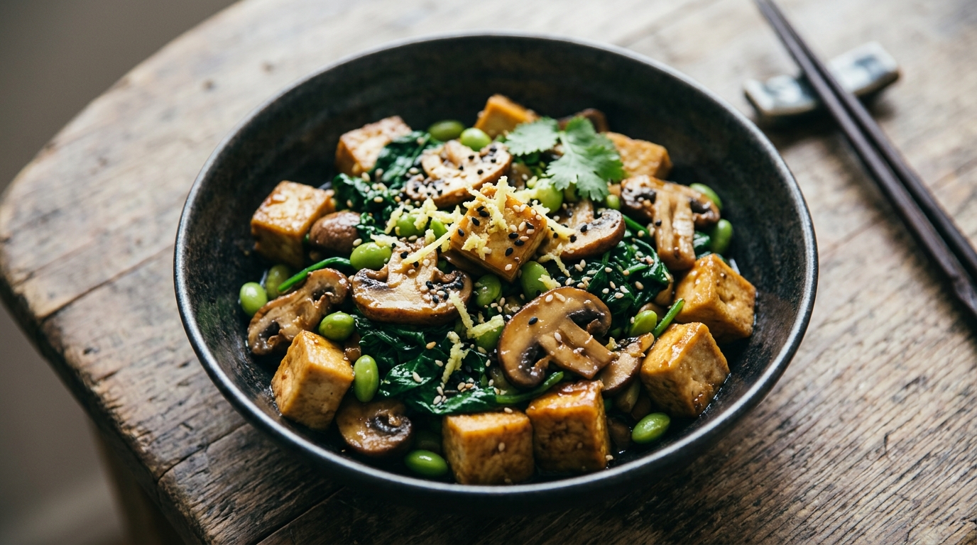 Tofu y edamame salteado, cena vegetal con 37 g de proteína