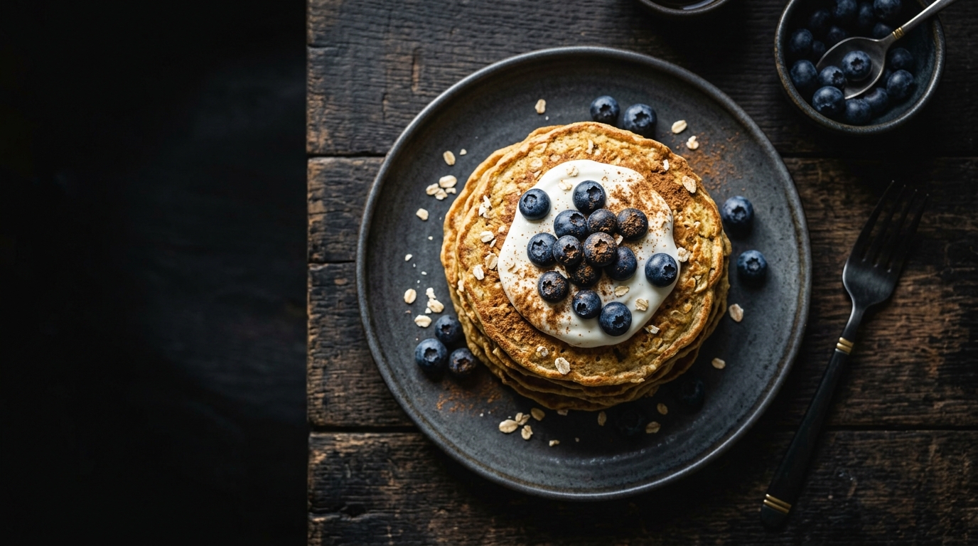 Tortitas proteicas de avena y plátano con yogur griego