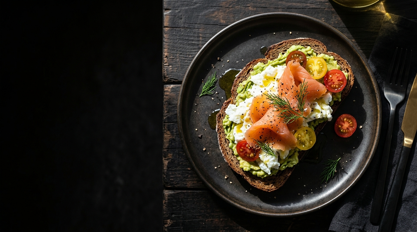 Tostada de revuelto de claras, aguacate y salmón ahumado