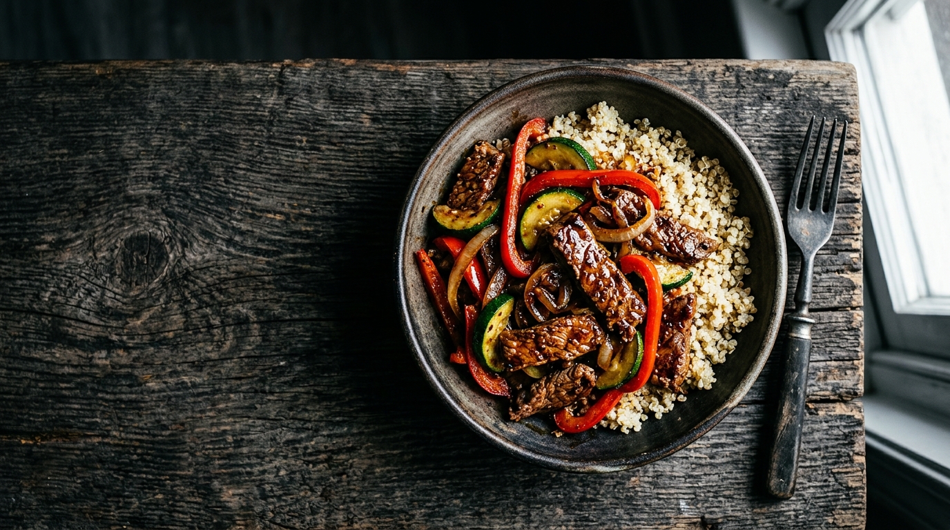 Wok de ternera y quinoa, receta fitness rica en proteína